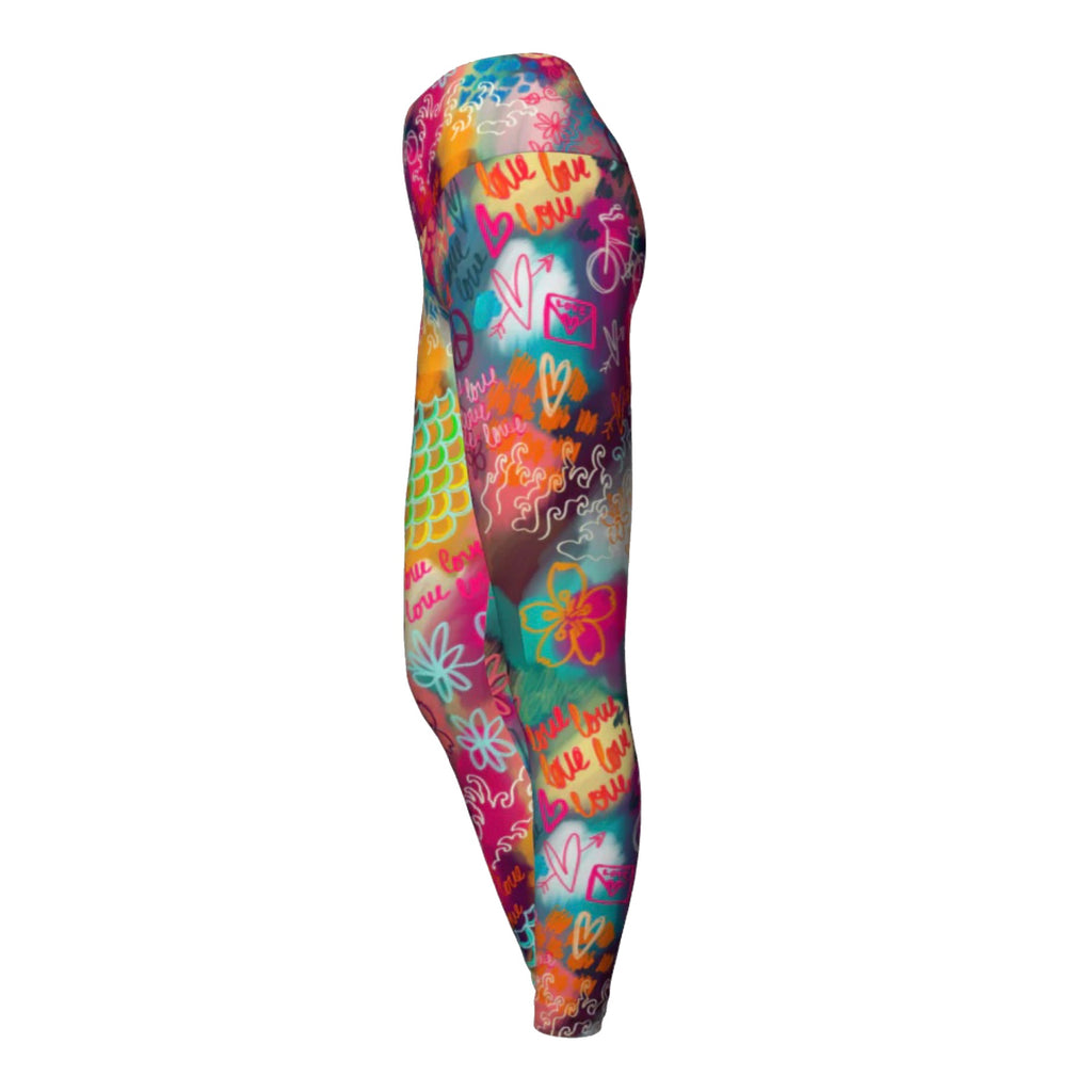 Colorful compression yoga leggings with peace love sakura print, left side view