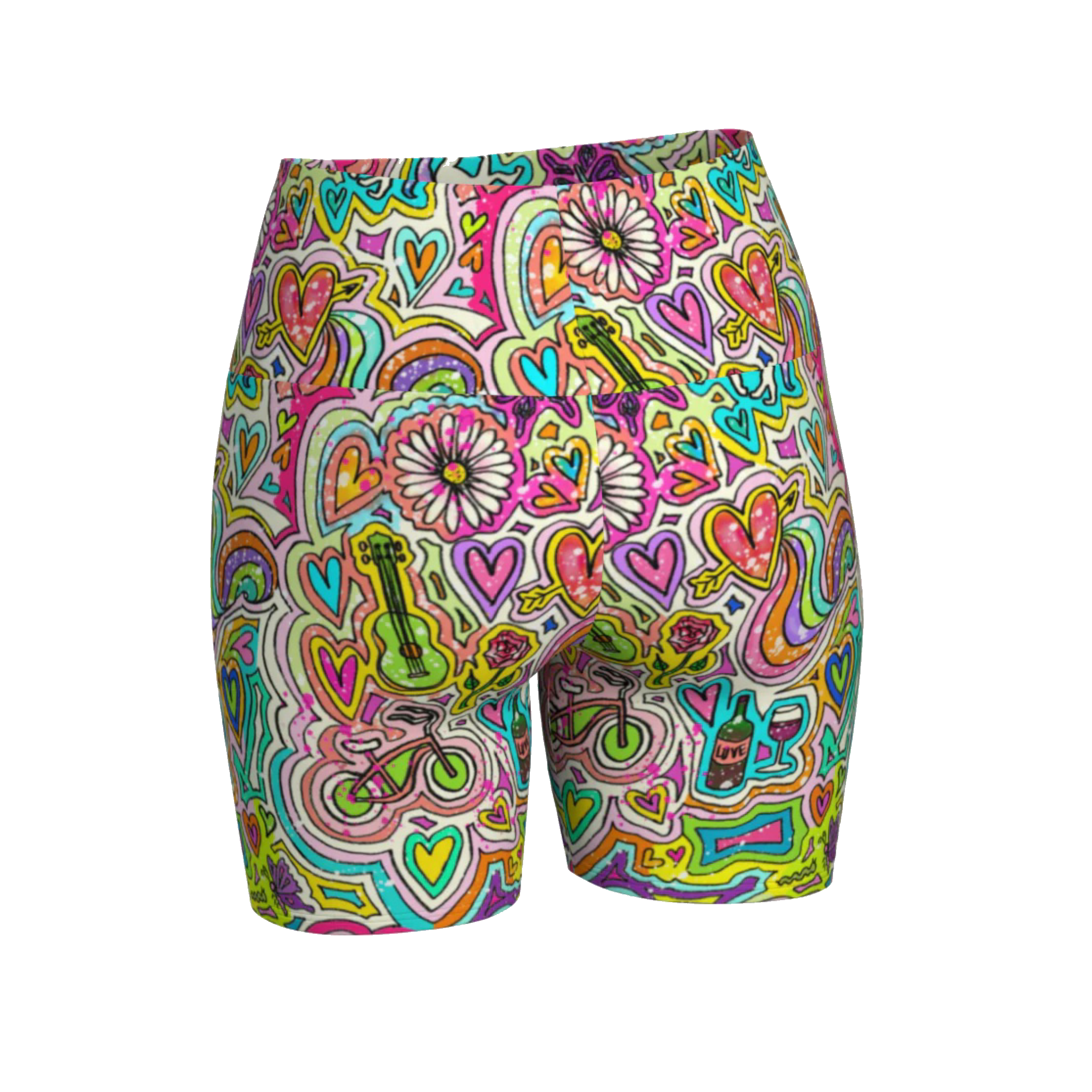 Colorful compression shorts with unicorn doodles print, back side view