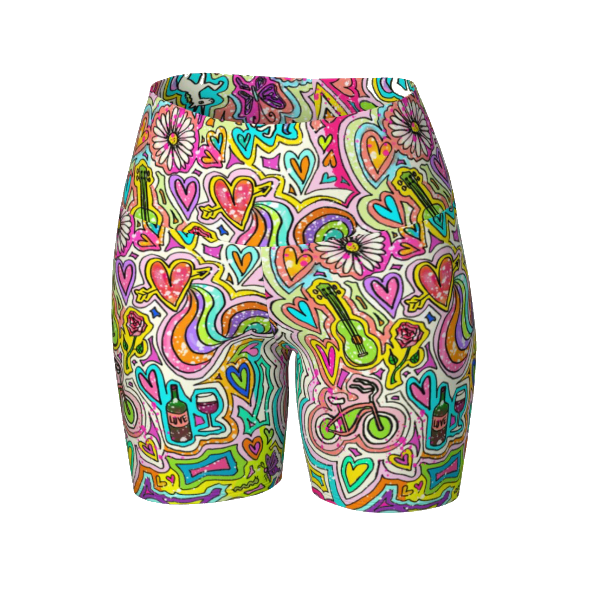 Colorful compression shorts with unicorn doodles print, front view