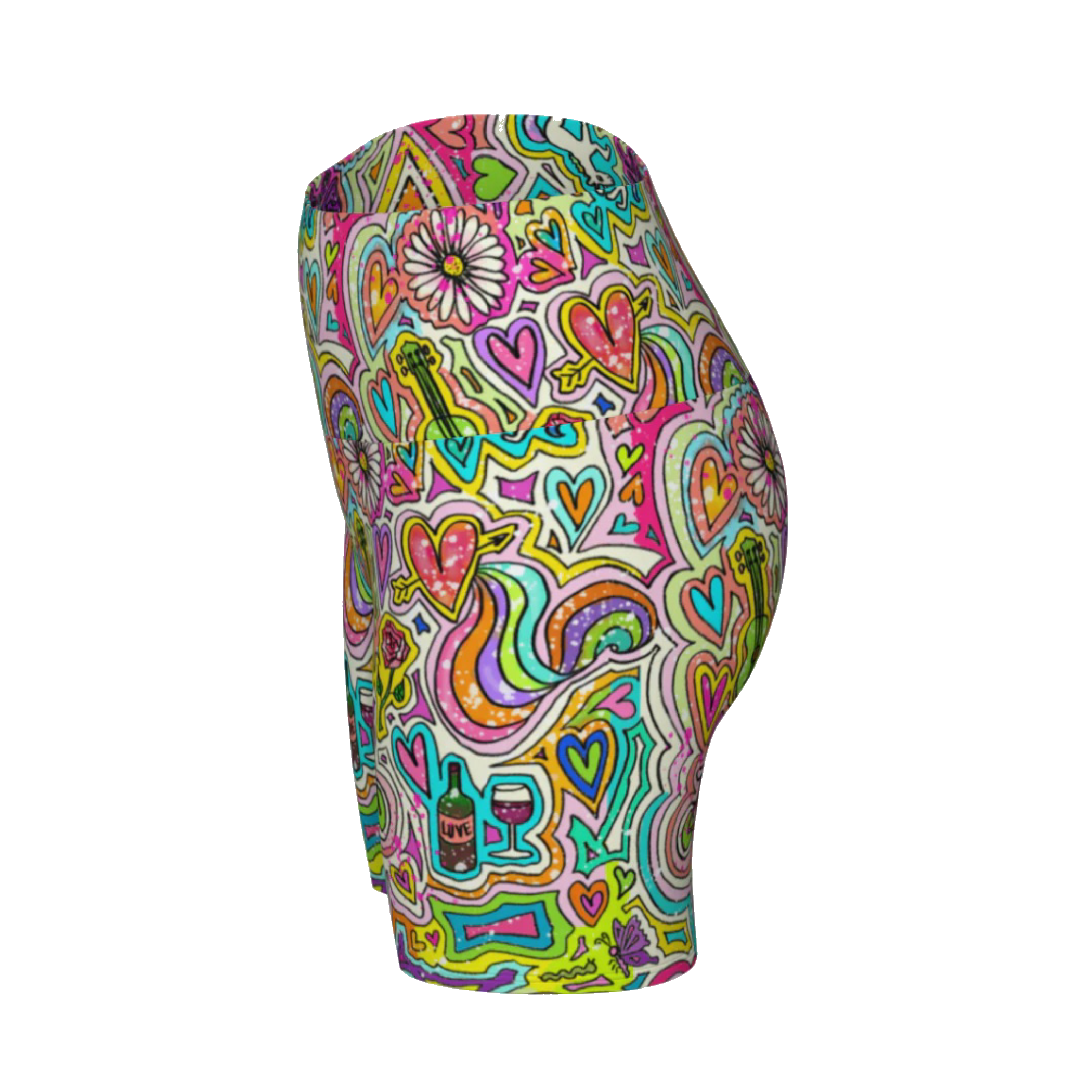 Colorful compression shorts with unicorn doodles print, left side view