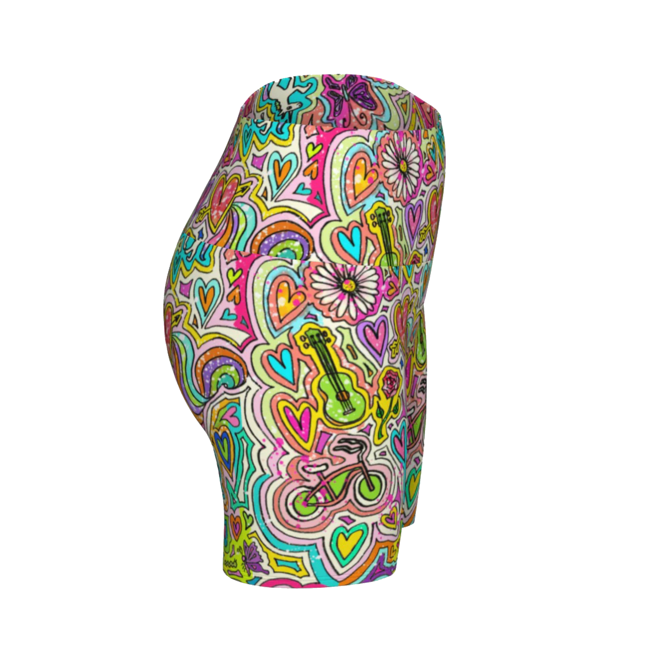 Colorful compression shorts with unicorn doodles print, right side view