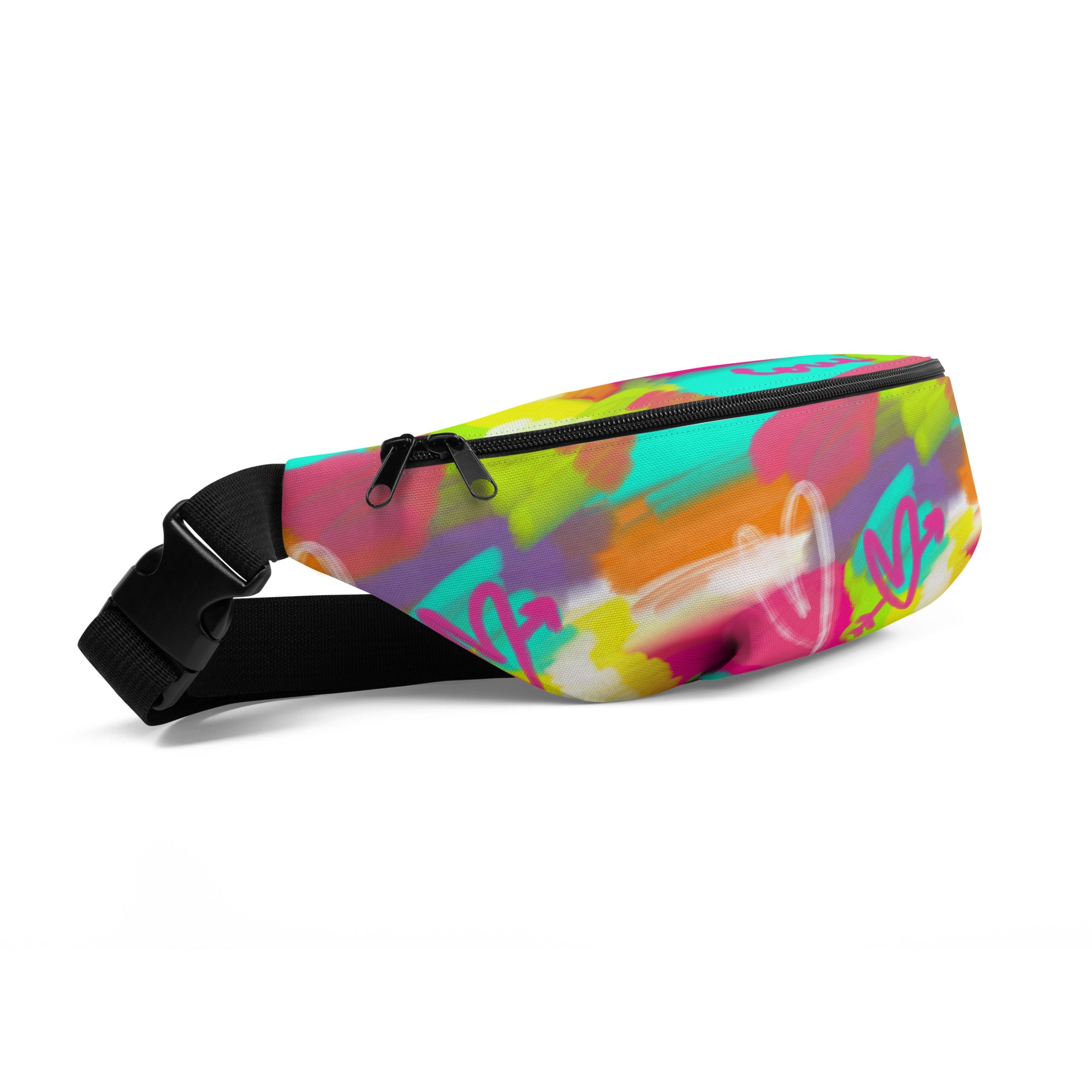 Colorful fanny pack with a black strap on a white background