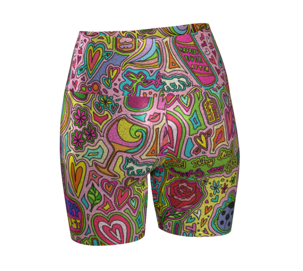 Colorful glitter shorts with whimsical doodle designs back side view