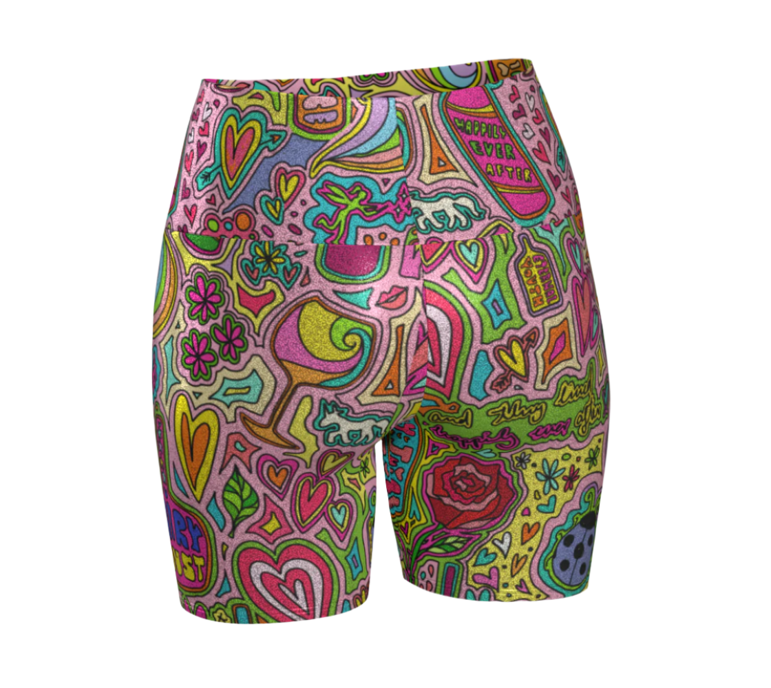 Colorful glitter shorts with whimsical doodle designs back side view