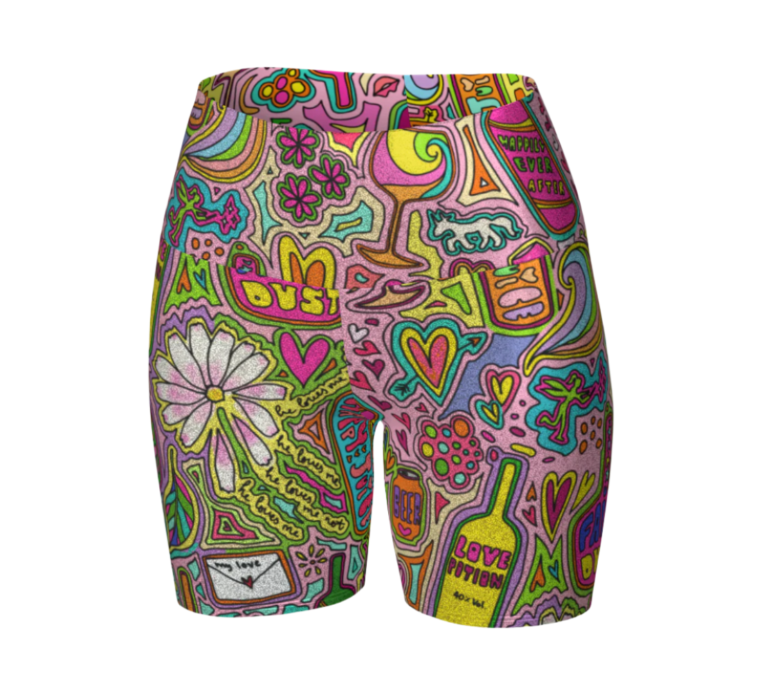 Colorful glitter shorts with whimsical fairytale doodles front view