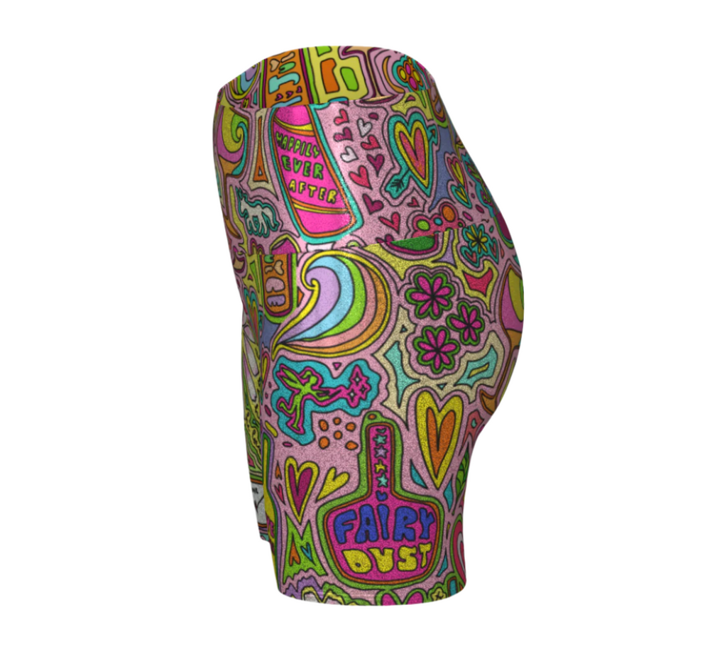 Colorful patterned glitter shorts with fairytale doodles on a white background