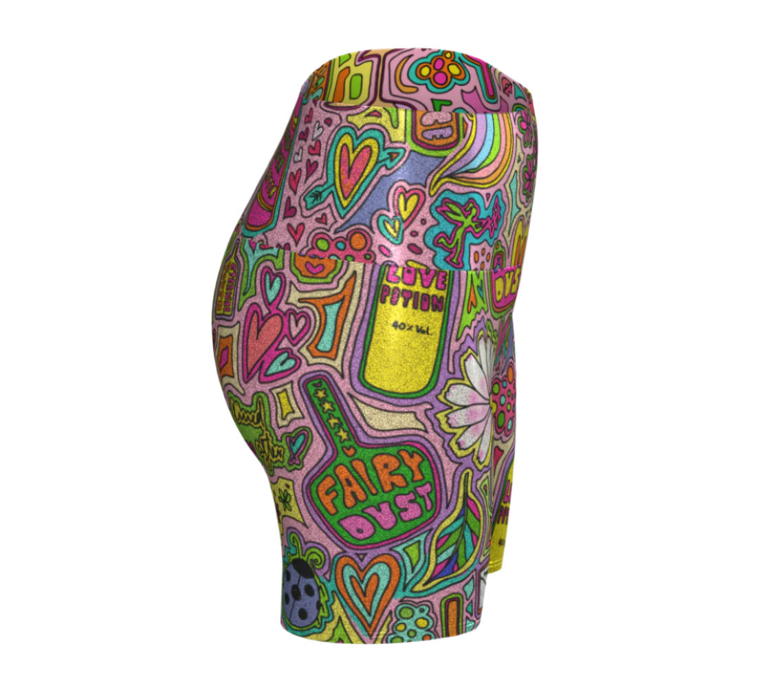 Colorful glitter shorts with whimsical fairytale doodle designs right side view