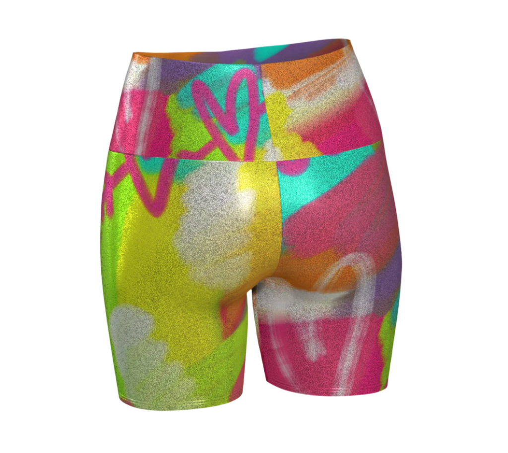Colorful glitter shorts with abstract design on a white background