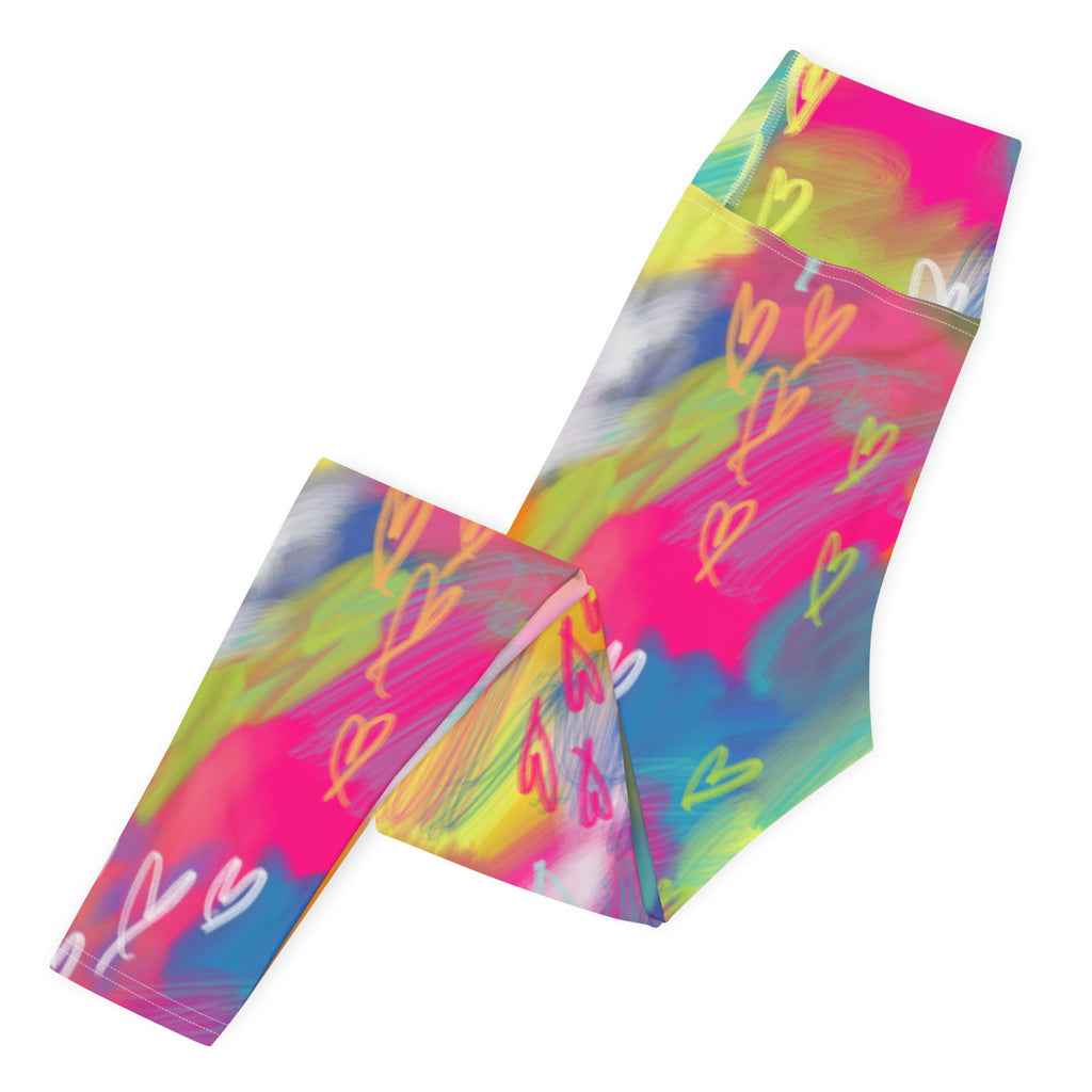 Colorful yoga leggings laid flat side view. abstract colorful print with hearts