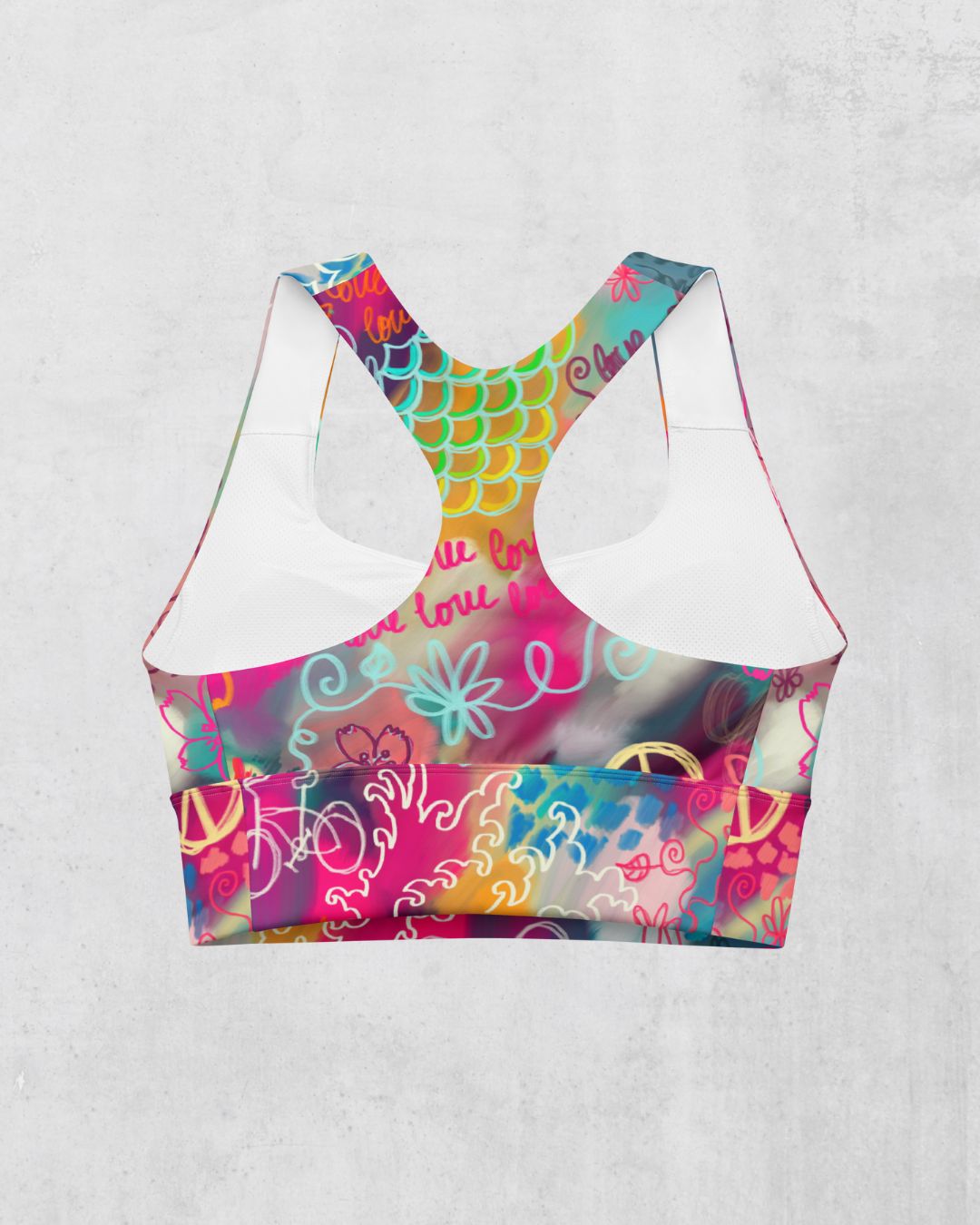 Colorful sports bra with mermaid scale and sakura patterns, back side