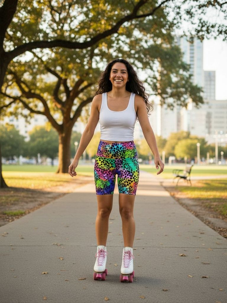 Woman wearing colorful animal print shorts and a white tank top in an outdoor setting with trees and buildings in the background.