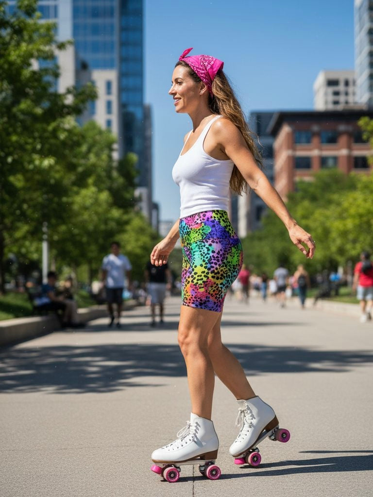 Woman roller skating in a park wearing colorful animal print yoga shorts