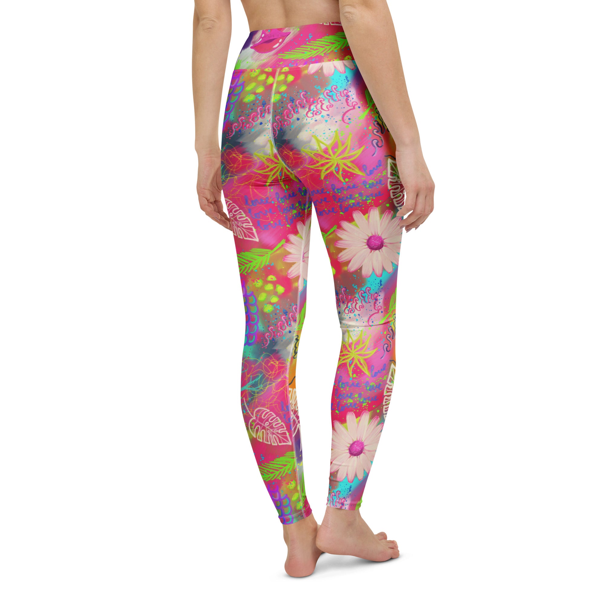 Colorful pink tropical print yoga leggings back view