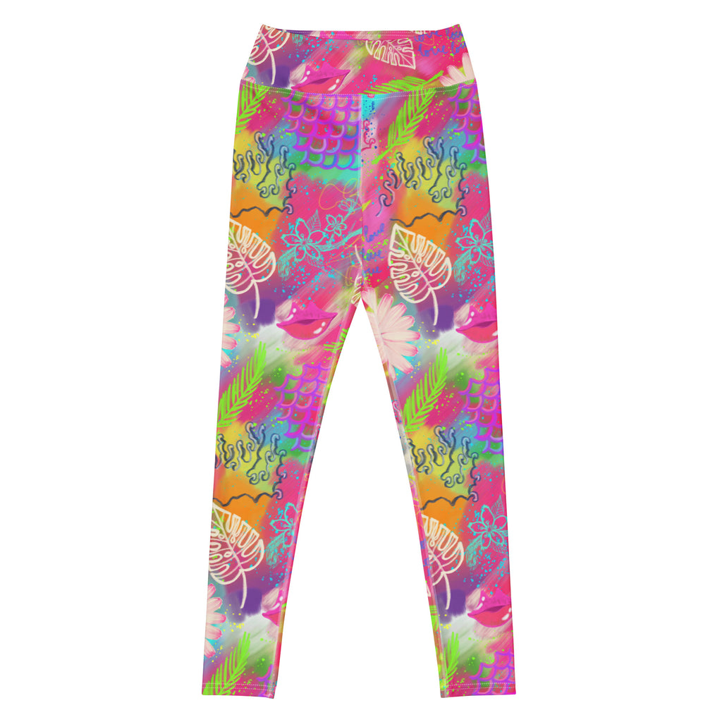 Colorful pink tropical print yoga leggings front flat view