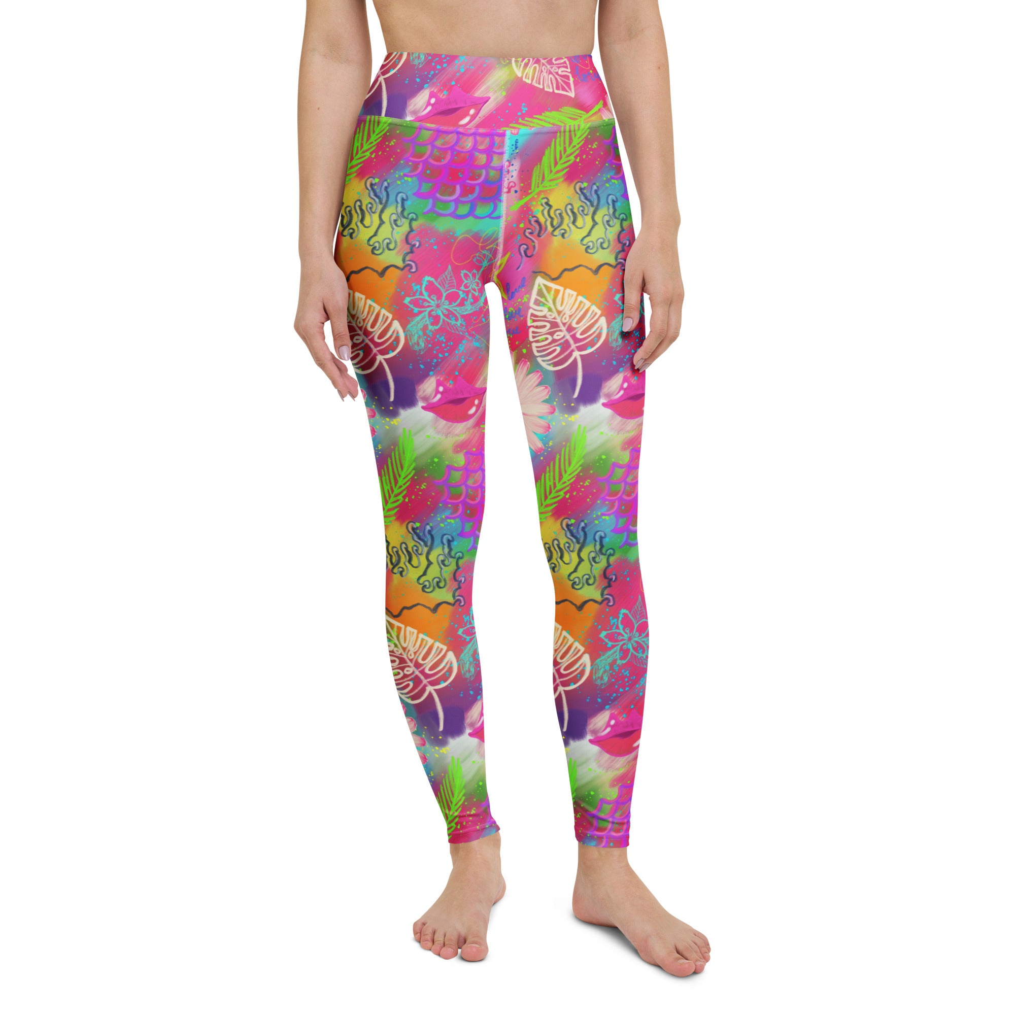 Colorful pink tropical print yoga leggings front view