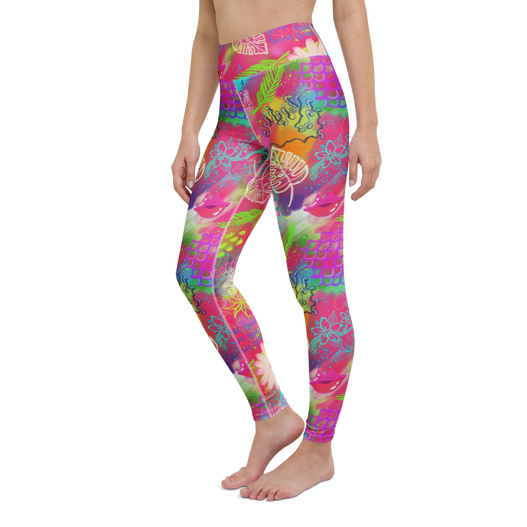 Colorful pink tropical print yoga leggings left front view