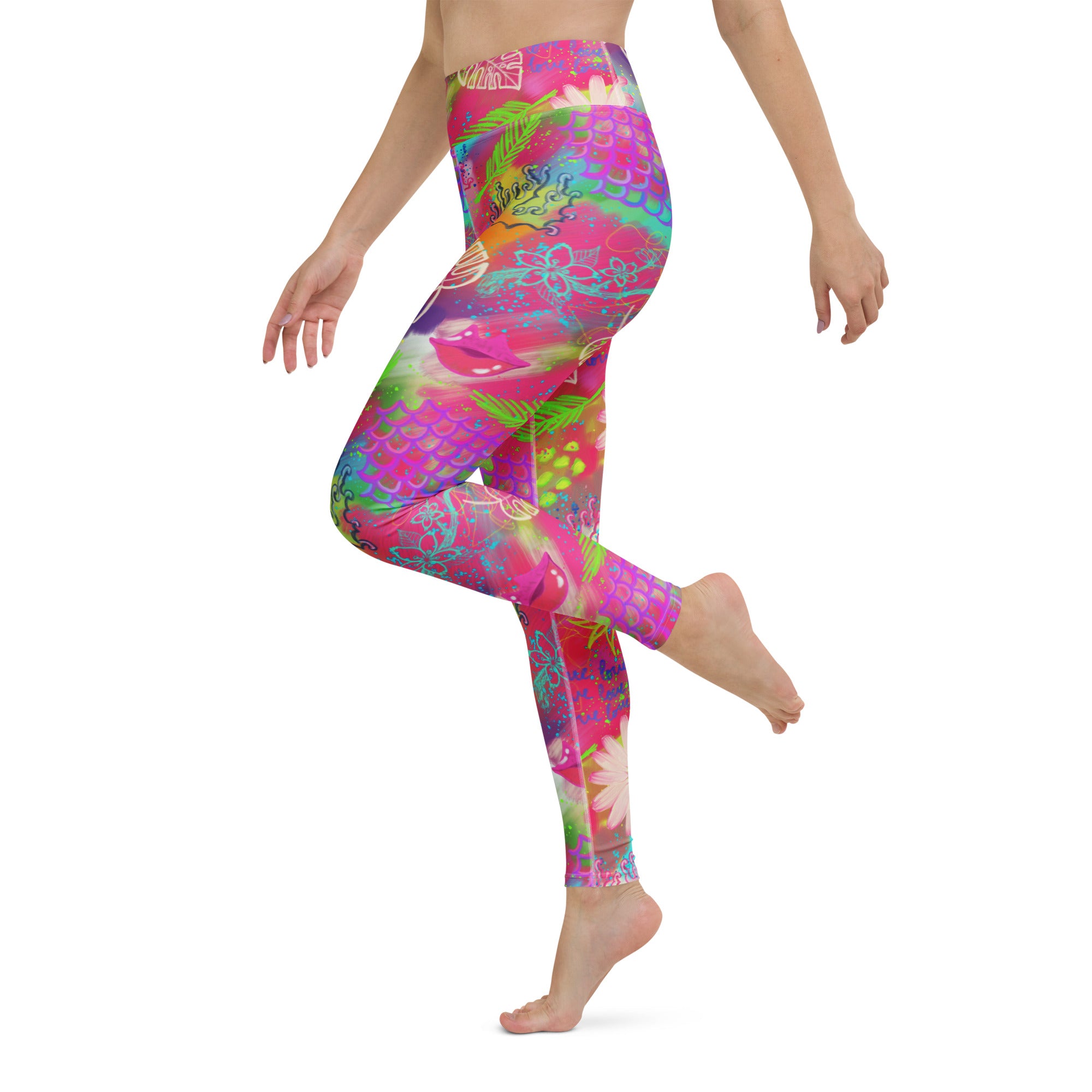 Colorful pink tropical print yoga leggings left side view