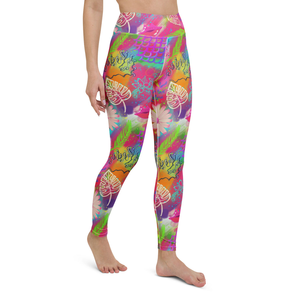Colorful pink tropical print yoga leggings right front view