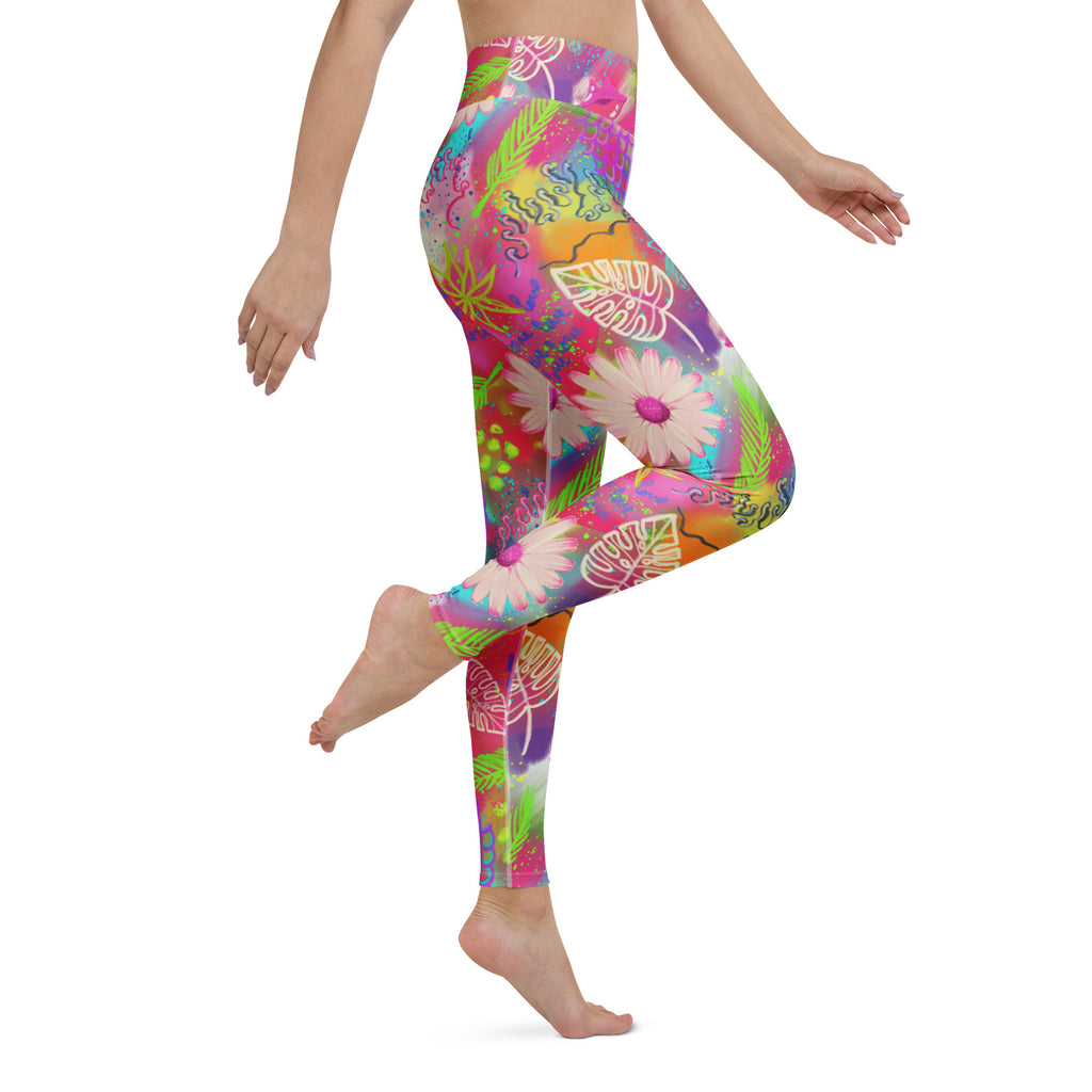 Colorful pink tropical print yoga leggings right side view