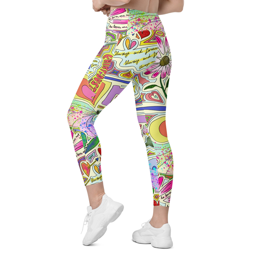 Colorful recycled yoga leggings with fairy dust print and side pockets, back left side