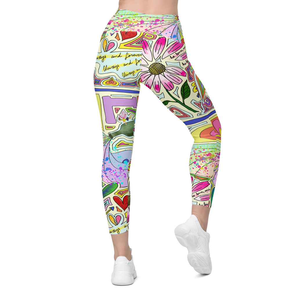 Colorful recycled yoga leggings with fairy dust print and side pockets, back side