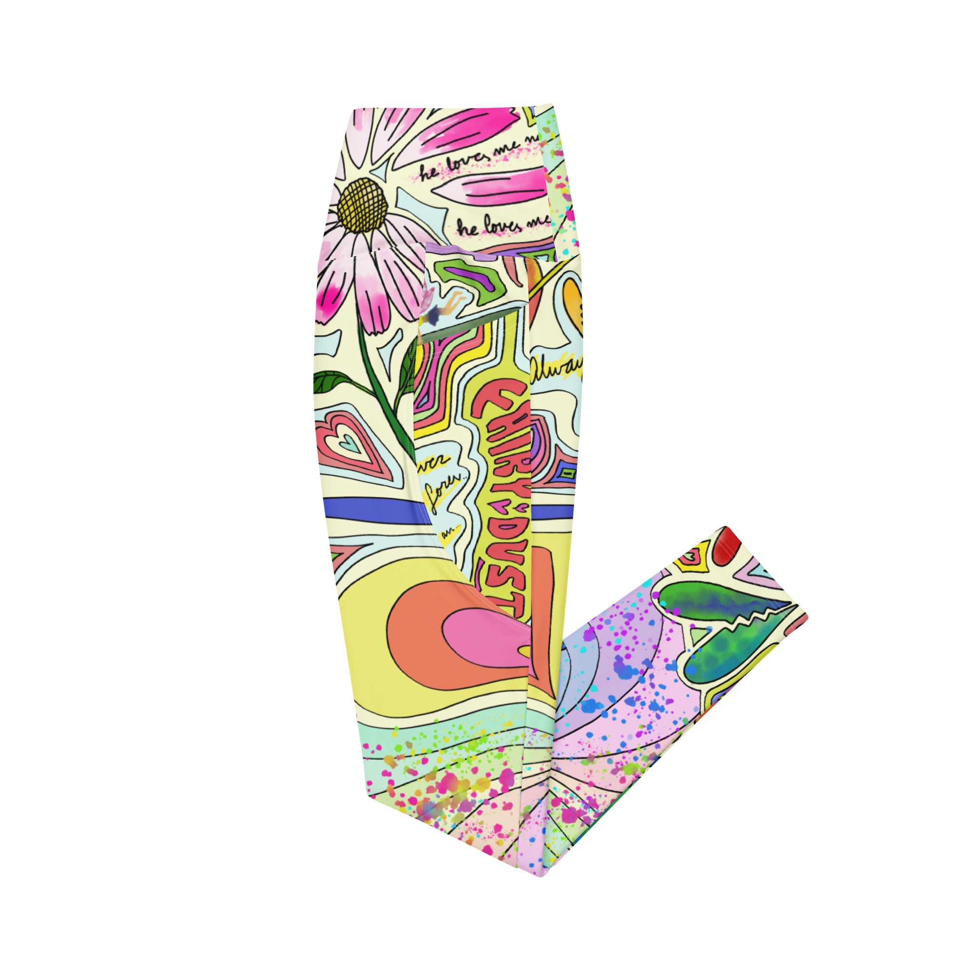 Colorful recycled yoga leggings with fairy dust print and side pockets, right side flat