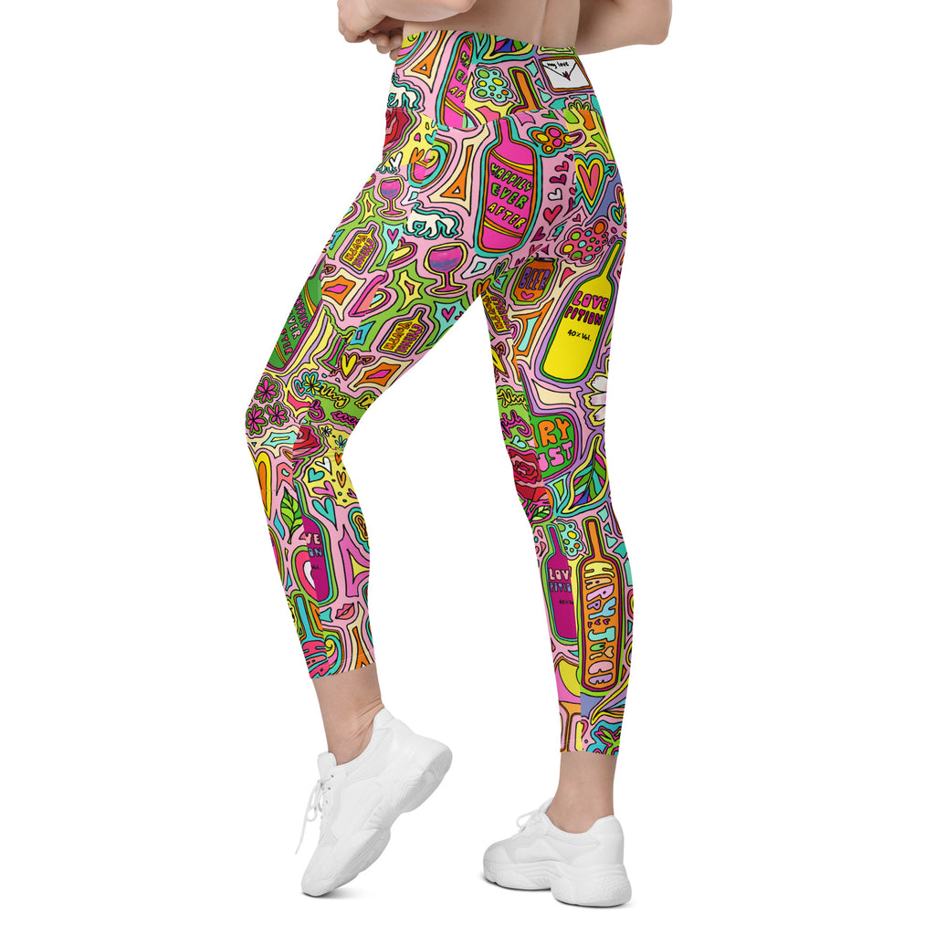 Colorful recycled yoga leggings with fairytale print and side pockets, back left side