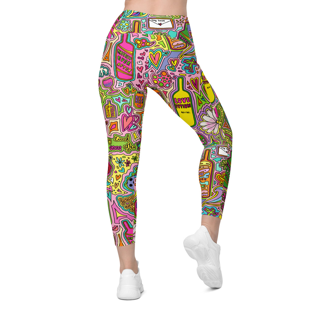 Colorful recycled yoga leggings with fairytale print and side pockets, back side