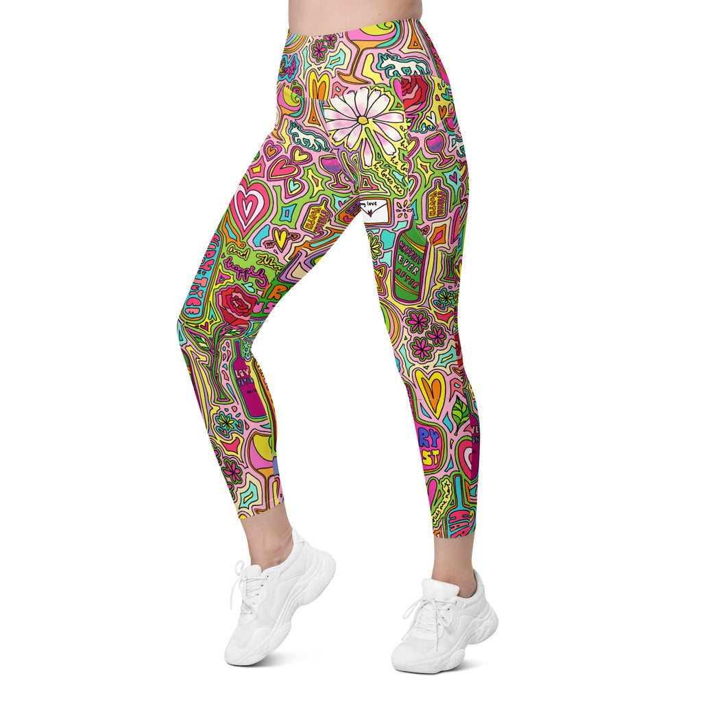 Colorful recycled yoga leggings with fairytale print and side pockets, front left side