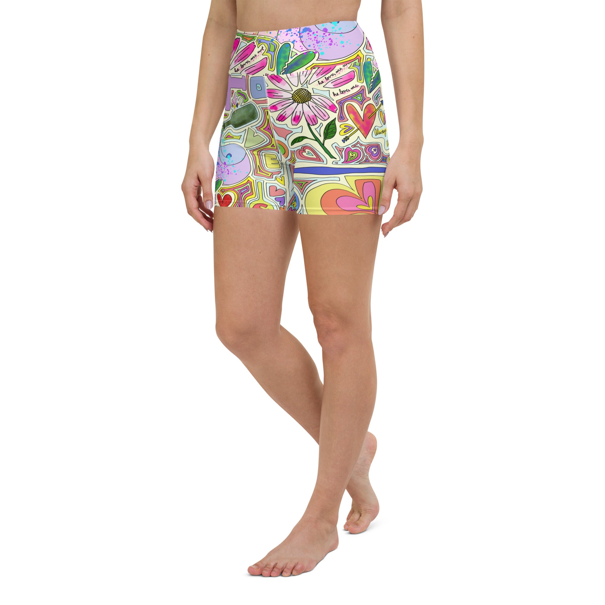 Colorful short yoga shorts with fairy dust light print left front view
