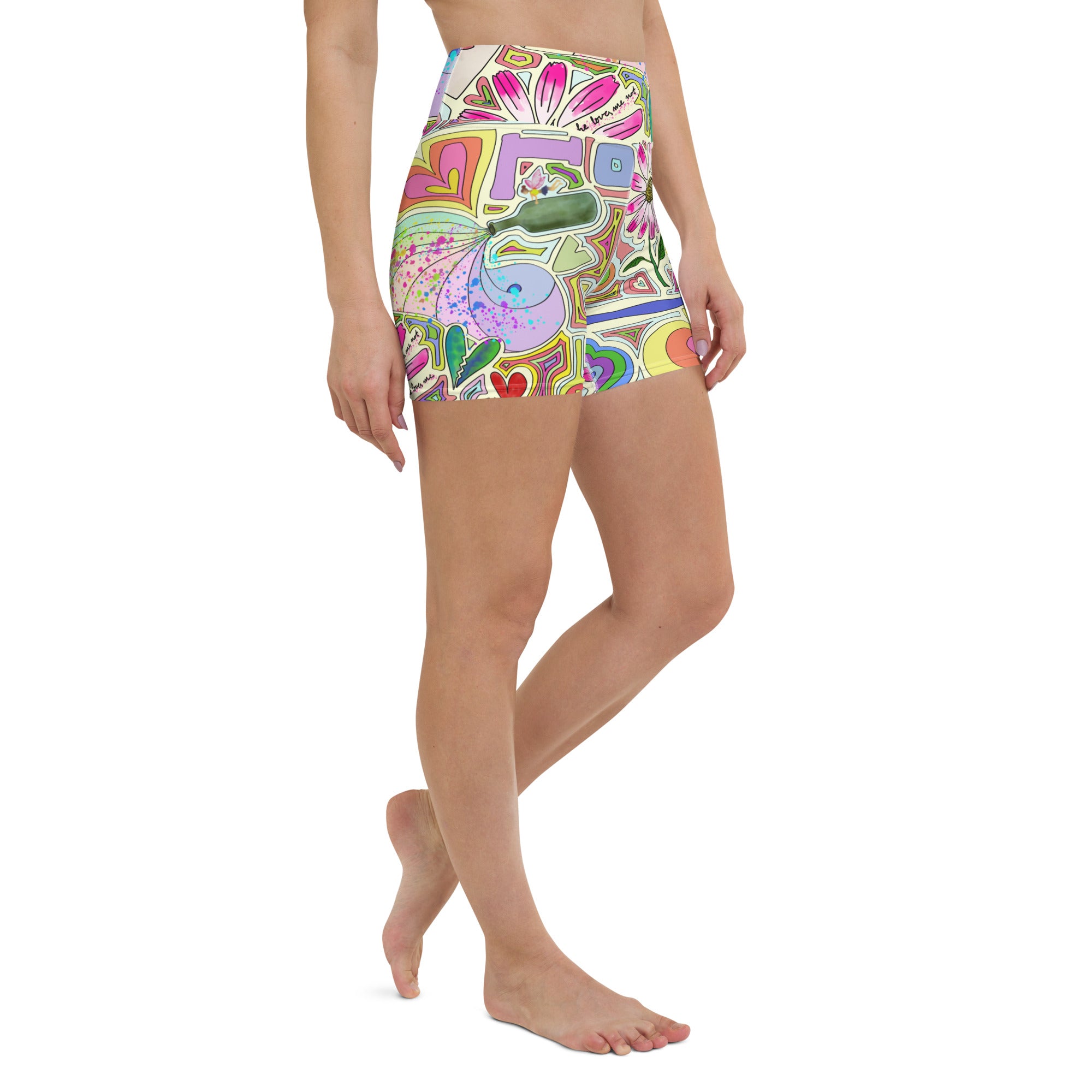 Colorful short yoga shorts with fairy dust light print right front view