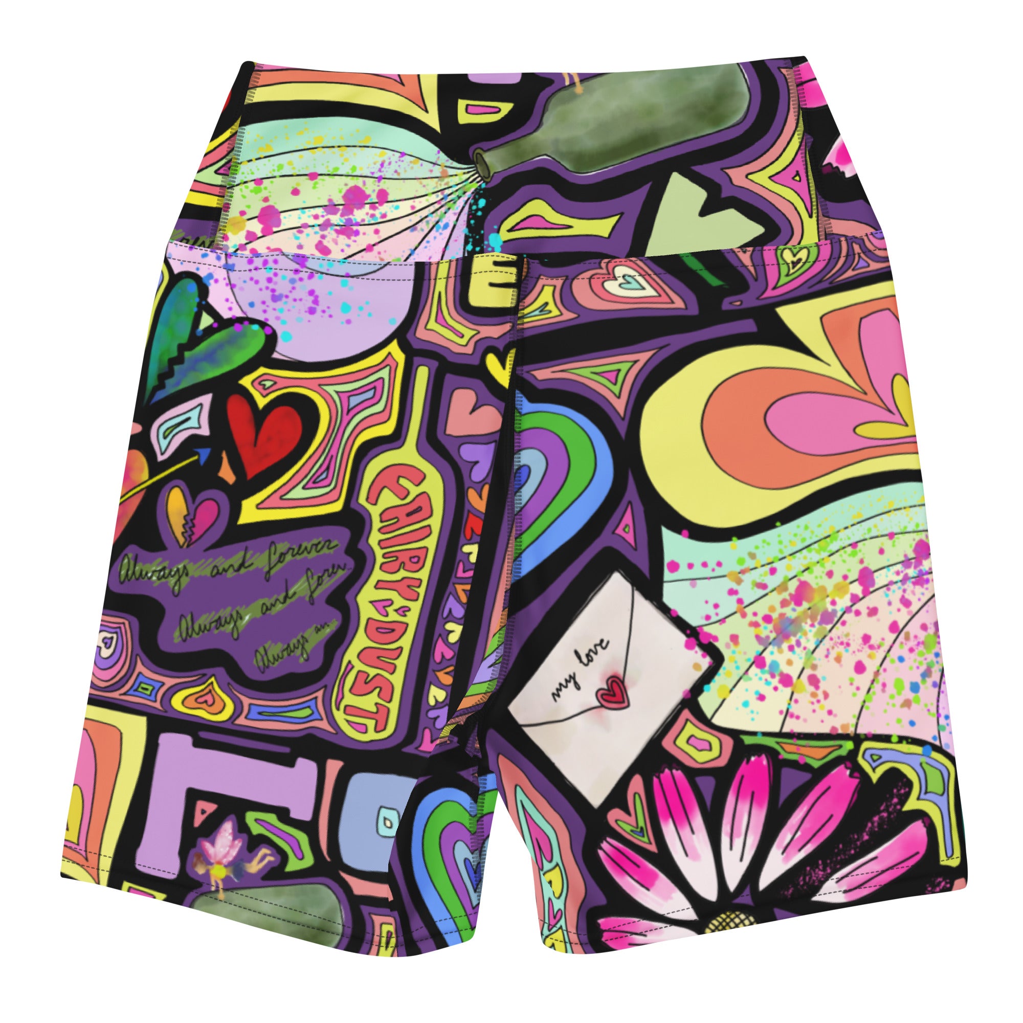 Colorful short yoga shorts with fairy dust black print flat back side view