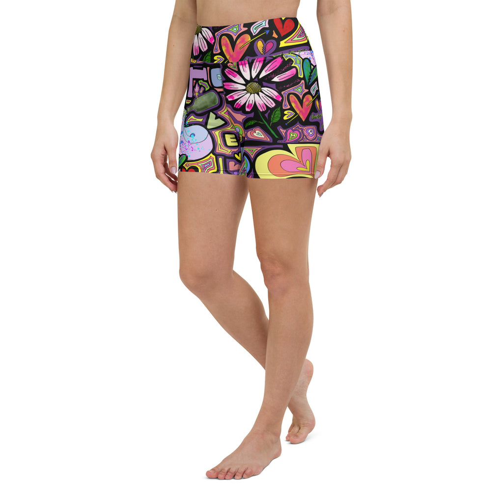 Colorful short yoga shorts with fairy dust black print front left side view