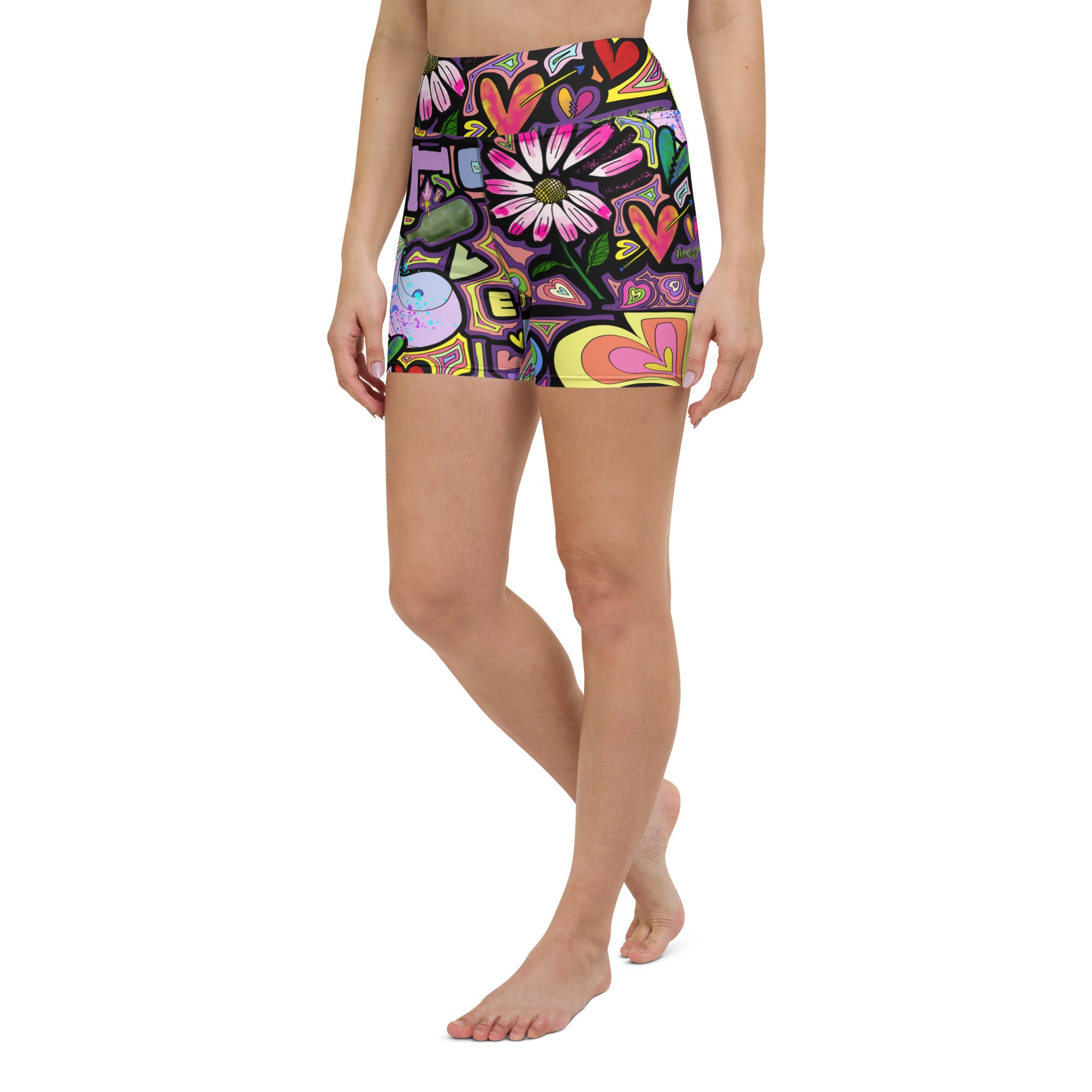 Colorful short yoga shorts with fairy dust black print front left side view