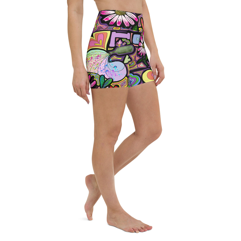 Colorful short yoga shorts with fairy dust black print front right side view