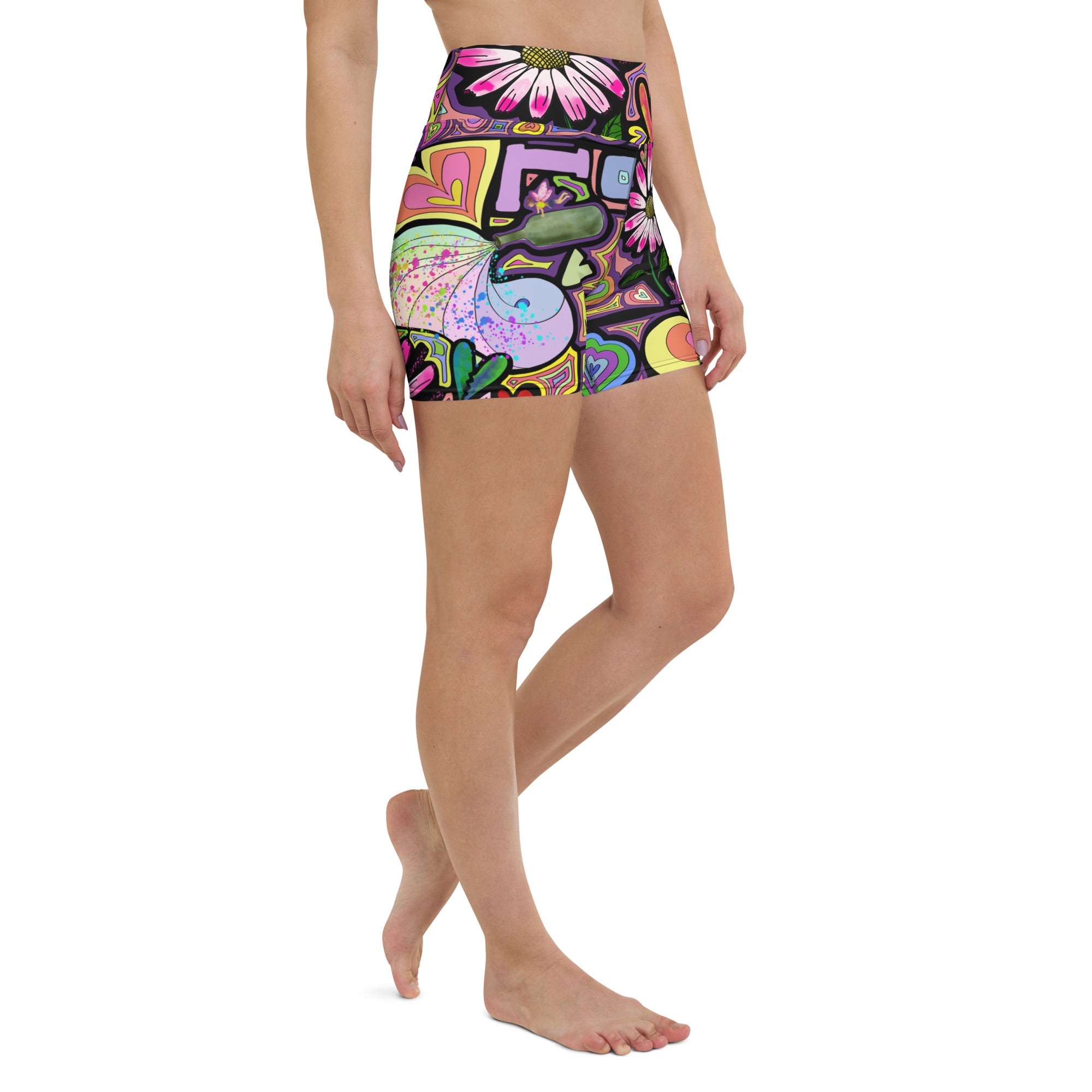 Colorful short yoga shorts with fairy dust black print front right side view
