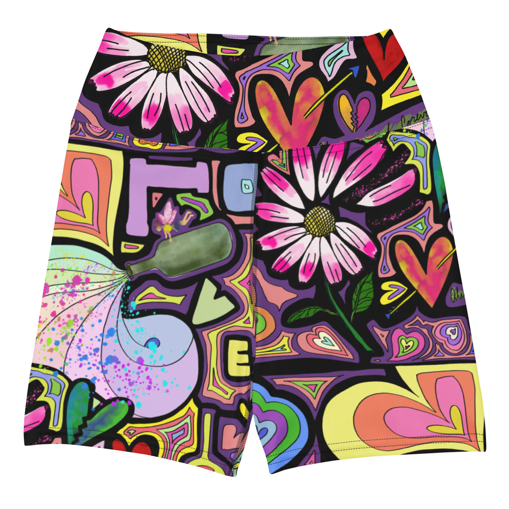 Colorful short yoga shorts with fairy dust black print front side view