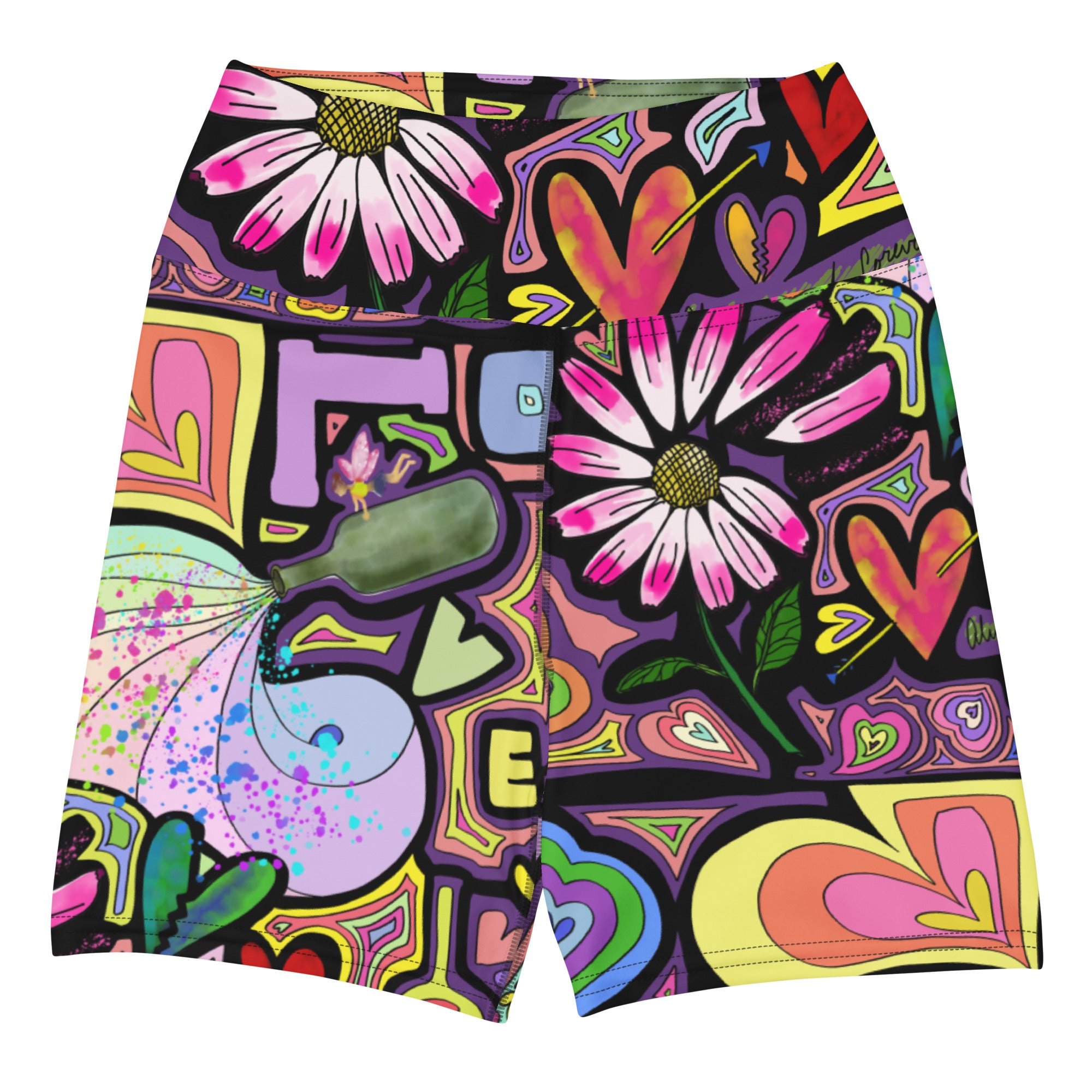 Colorful short yoga shorts with fairy dust black print front side view
