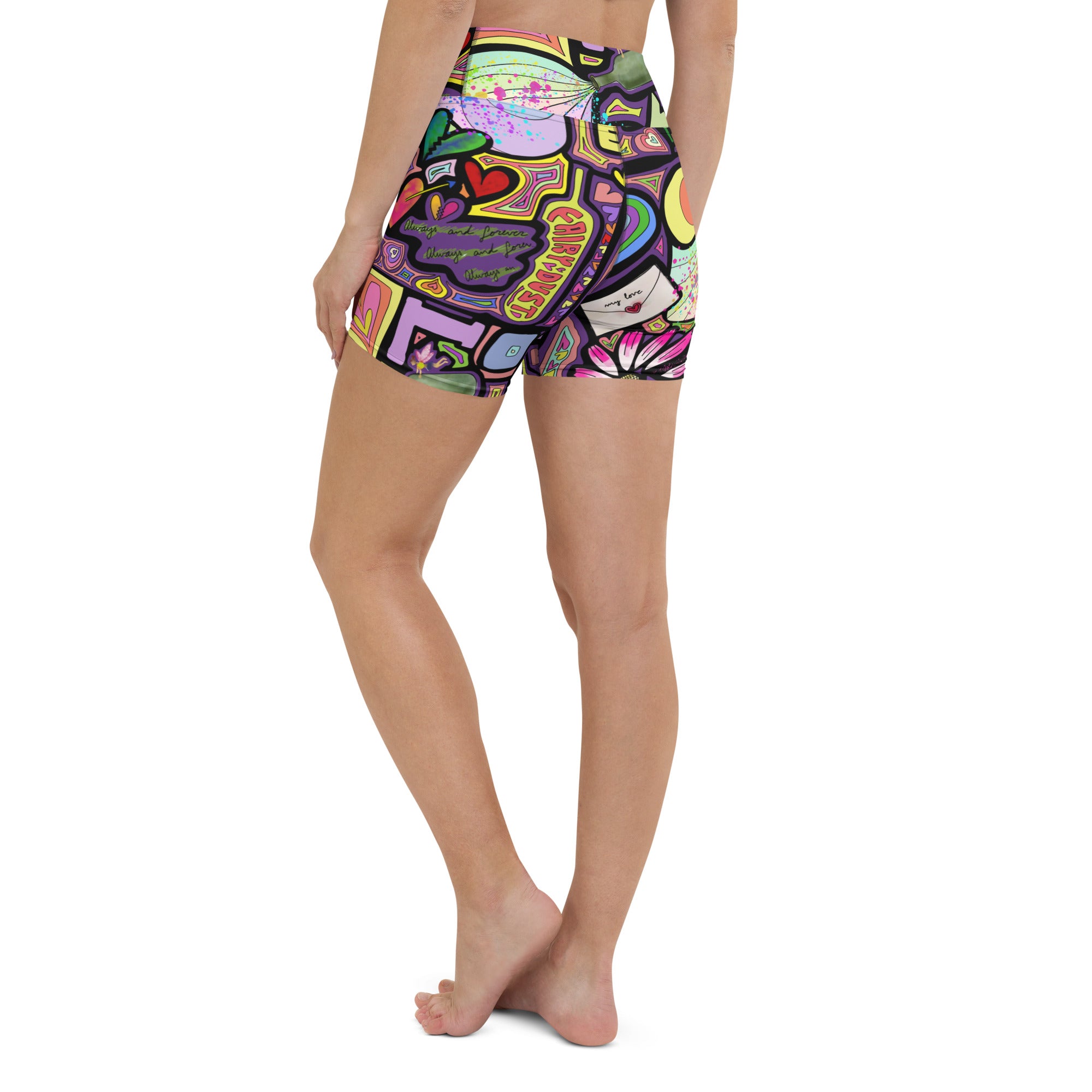 Colorful short yoga shorts with fairy dust black print left back side view