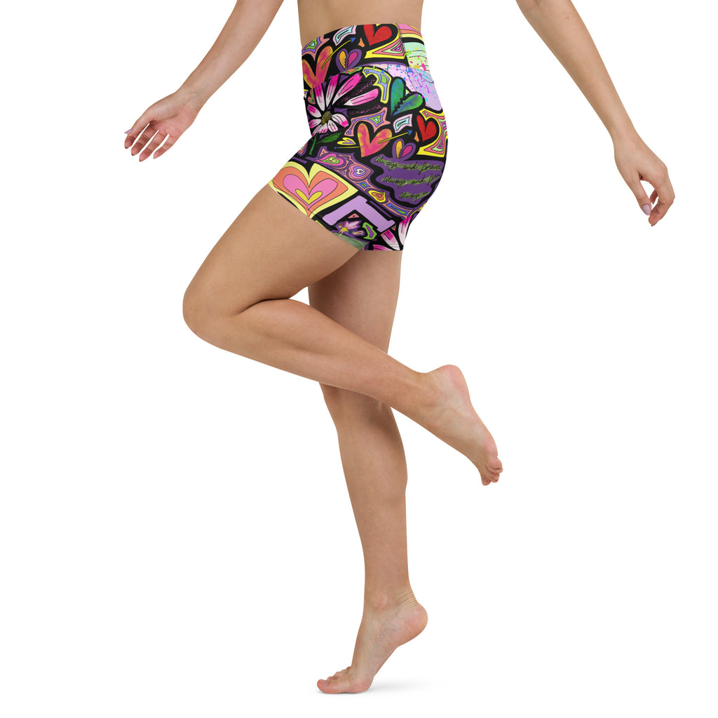 Colorful short yoga shorts with fairy dust black print left side view