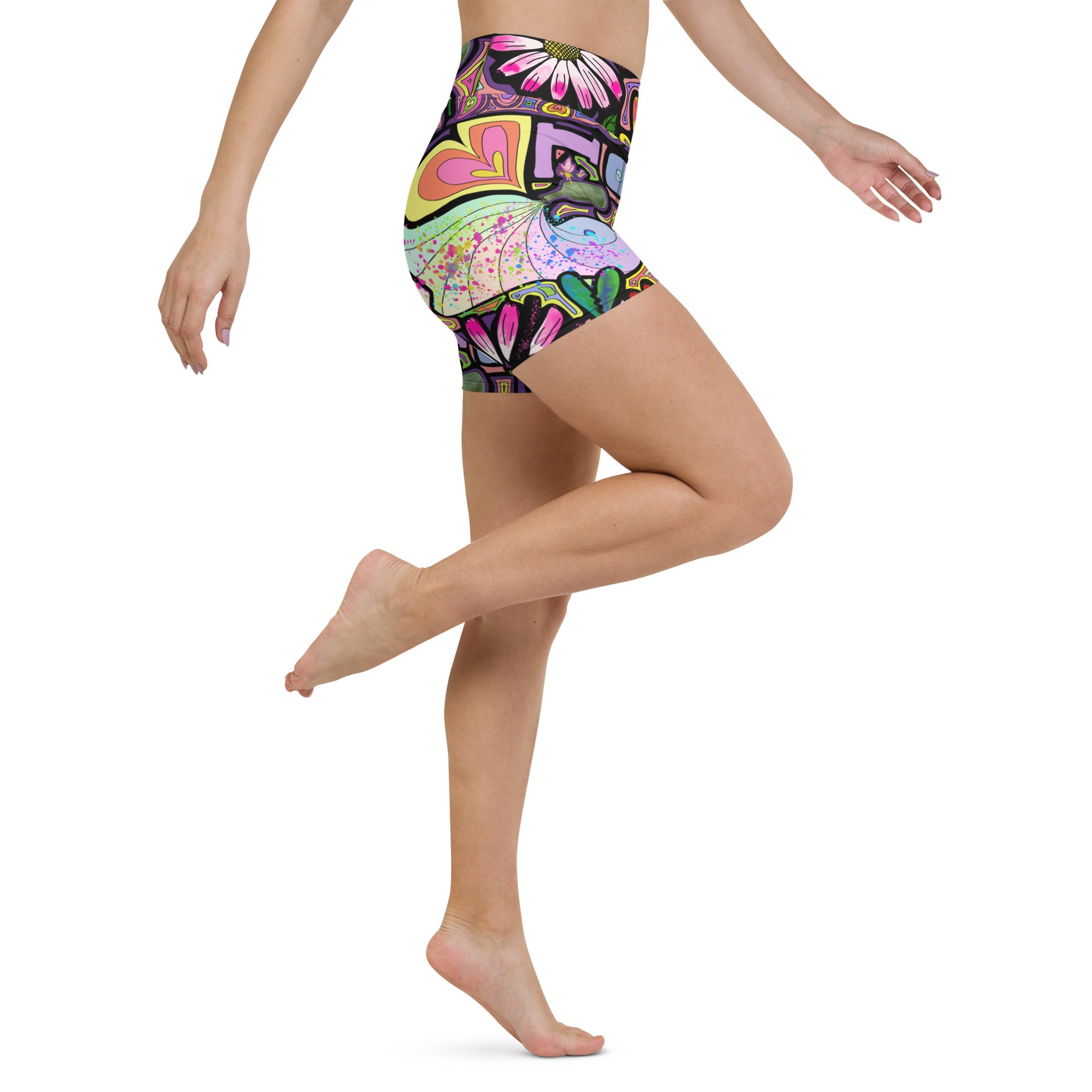 Colorful short yoga shorts with fairy dust black print right side view