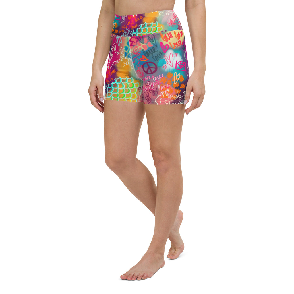 Colorful short yoga shorts with mermaid scales and sakura print front left view