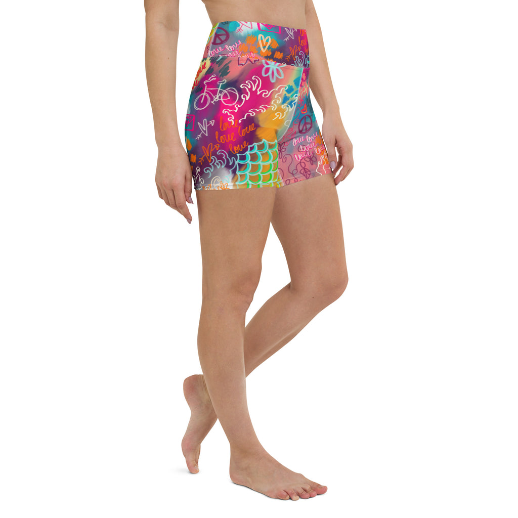 Colorful short yoga shorts with mermaid scales and sakura print front right view