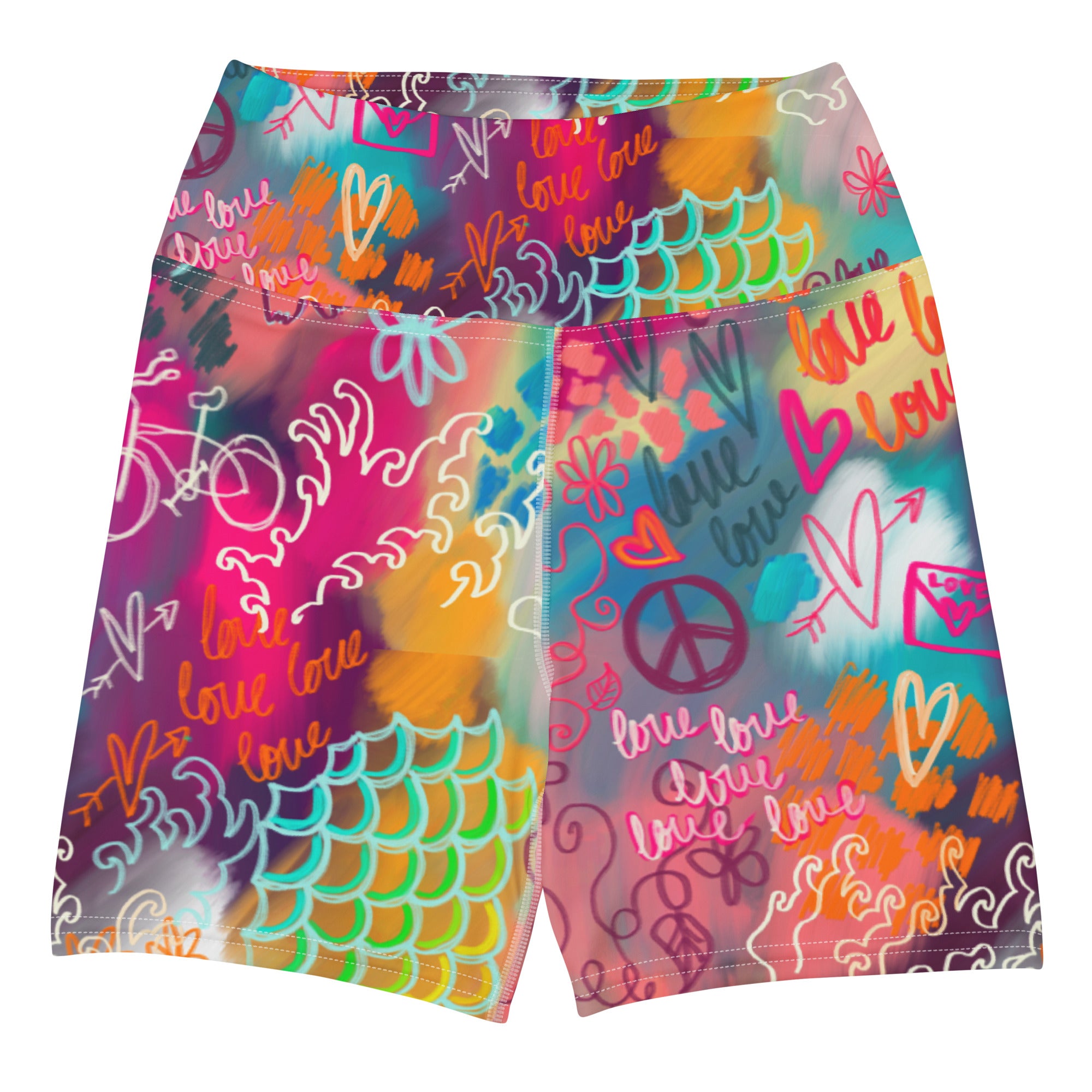 Colorful short yoga shorts with mermaid scales and sakura print front side view