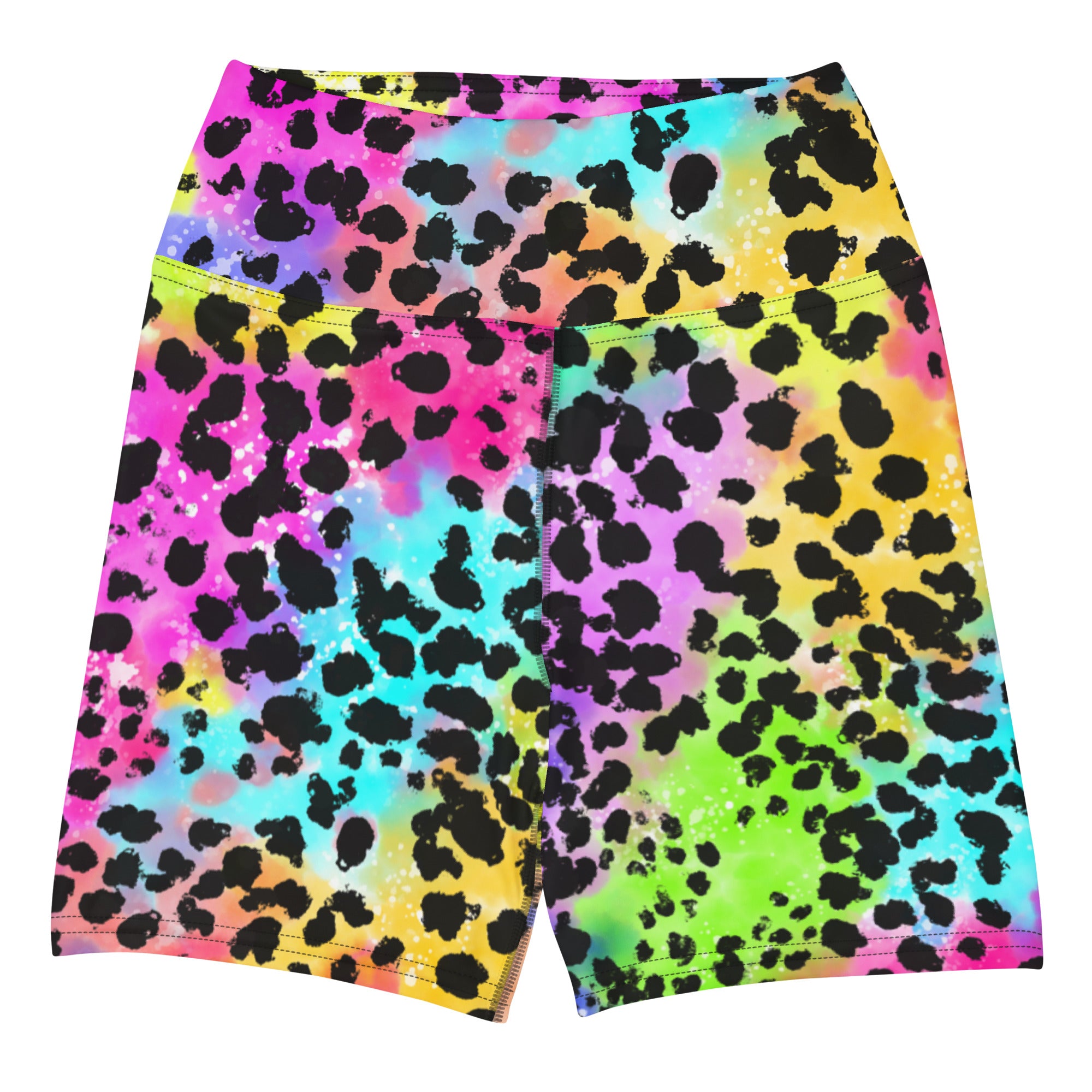 Colorful short yoga shorts with animal print flat front view