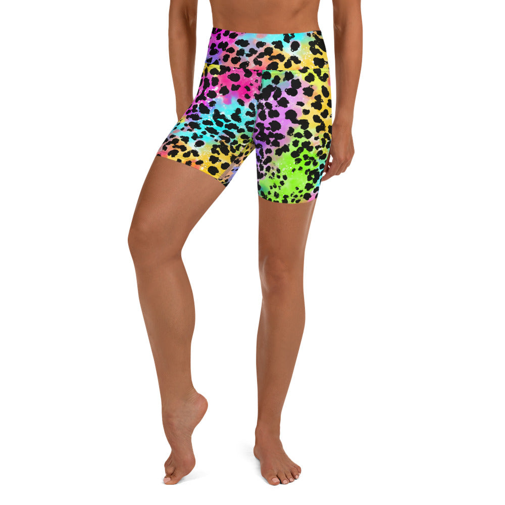 A pair of high-waisted yoga shorts with a multicolored animal print front view