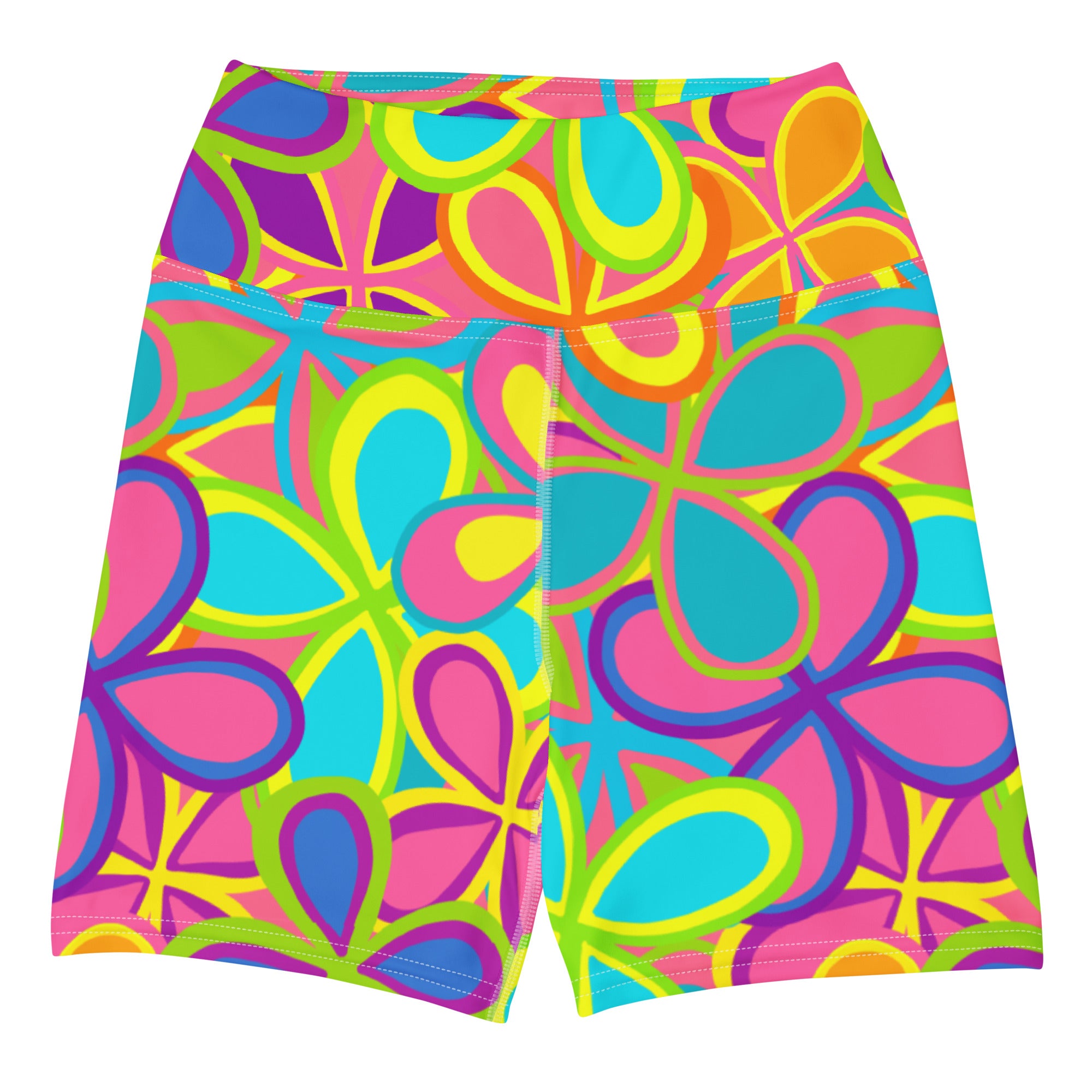 Colorful short yoga shorts with vibrant floral print front view
