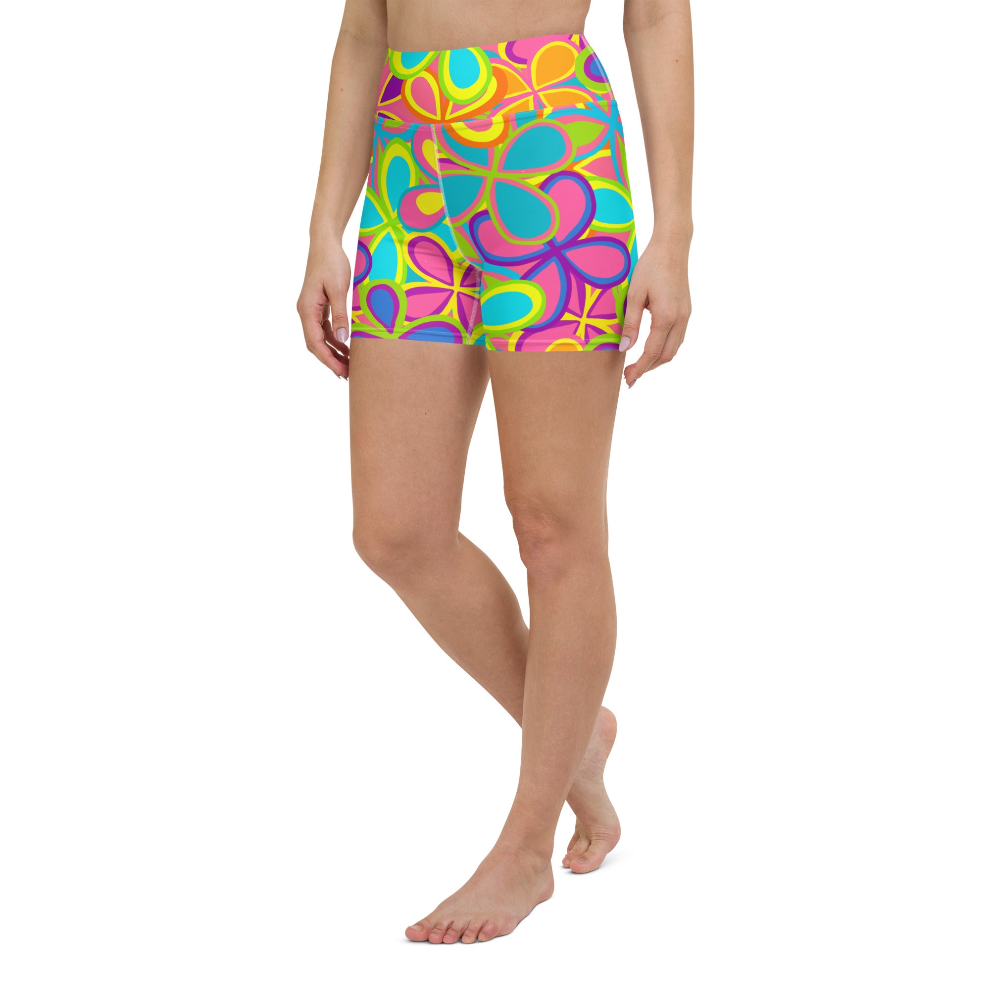 Colorful short yoga shorts with vibrant floral print left front view