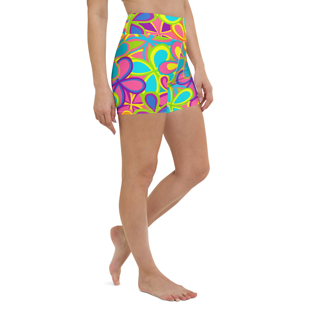 Colorful short yoga shorts with vibrant floral print right front view