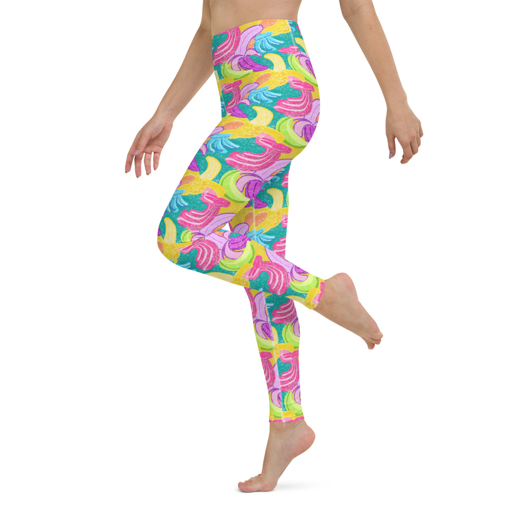 Colorful soft yoga leggings with bananas print, left side